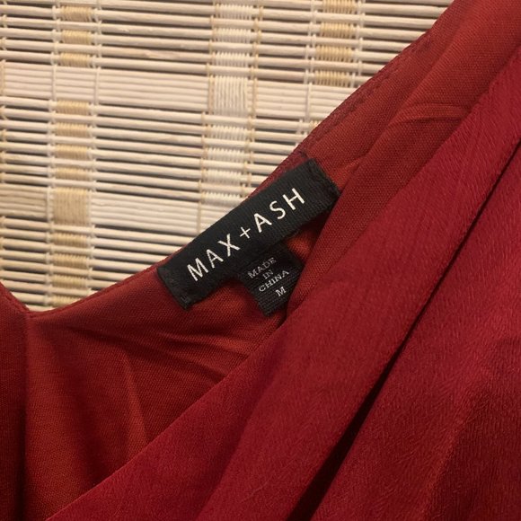 MAX + ASH Dress Red Burgundy Maroon Ruffle Flowy Shoulder Cocktail Wedding Midi - Picture 4 of 7